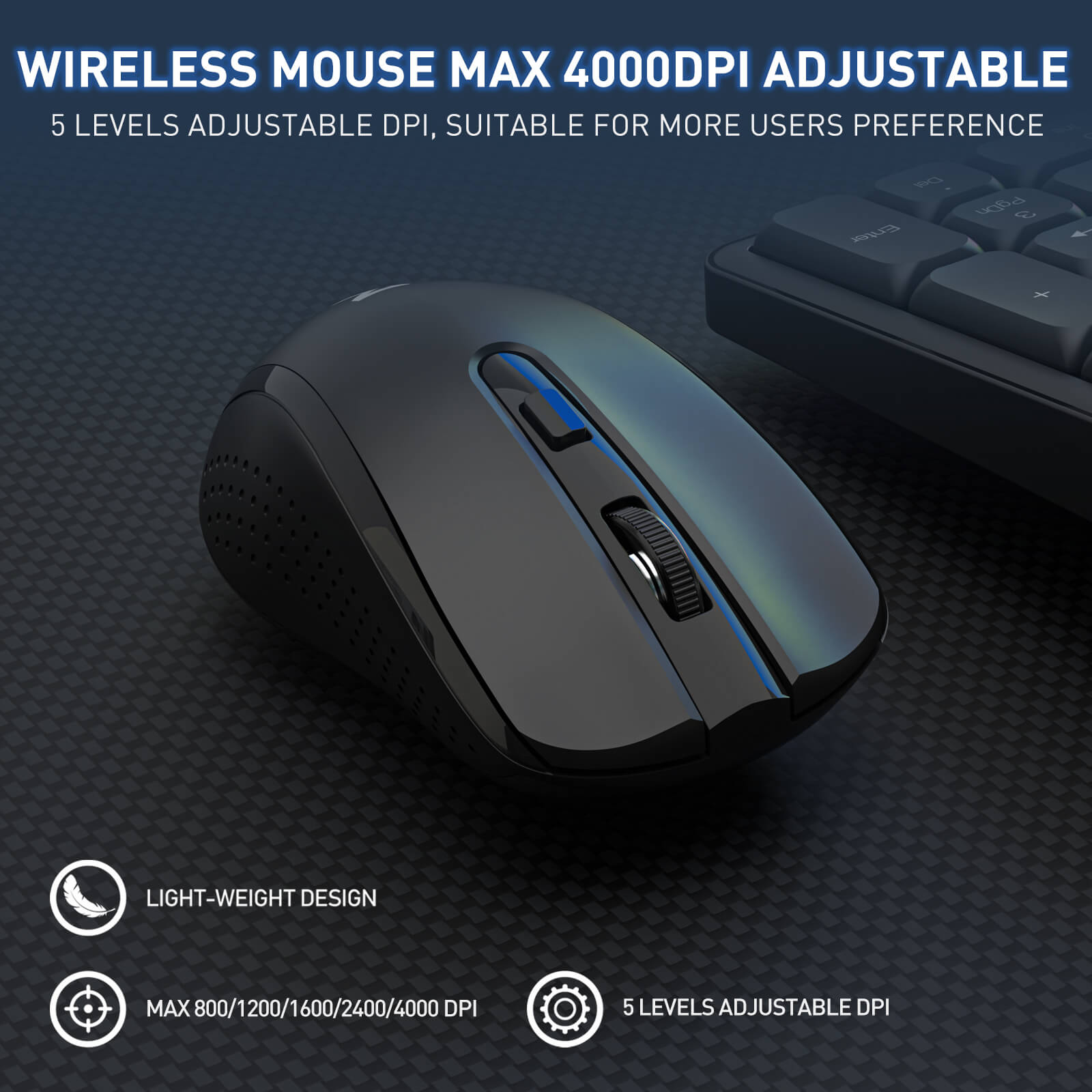 The wireless mouse is featured, with 5 adjustable DPI levels (max 4000 DPI) and a lightweight design for versatile user preferences.