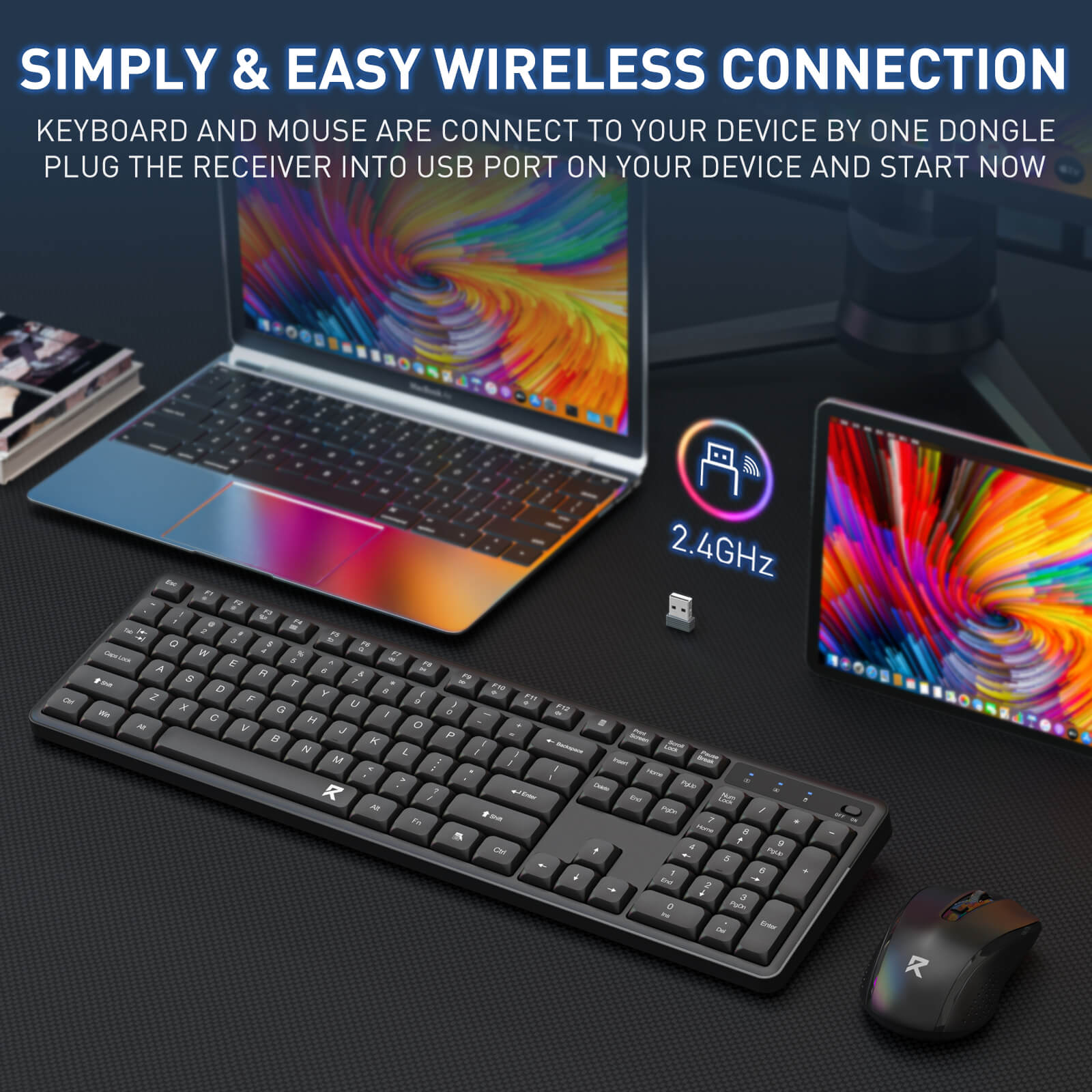 The 2.4GHz wireless connection is highlighted: the keyboard and mouse share a single USB receiver for simple, plug-and-play setup with laptops and tablets.
