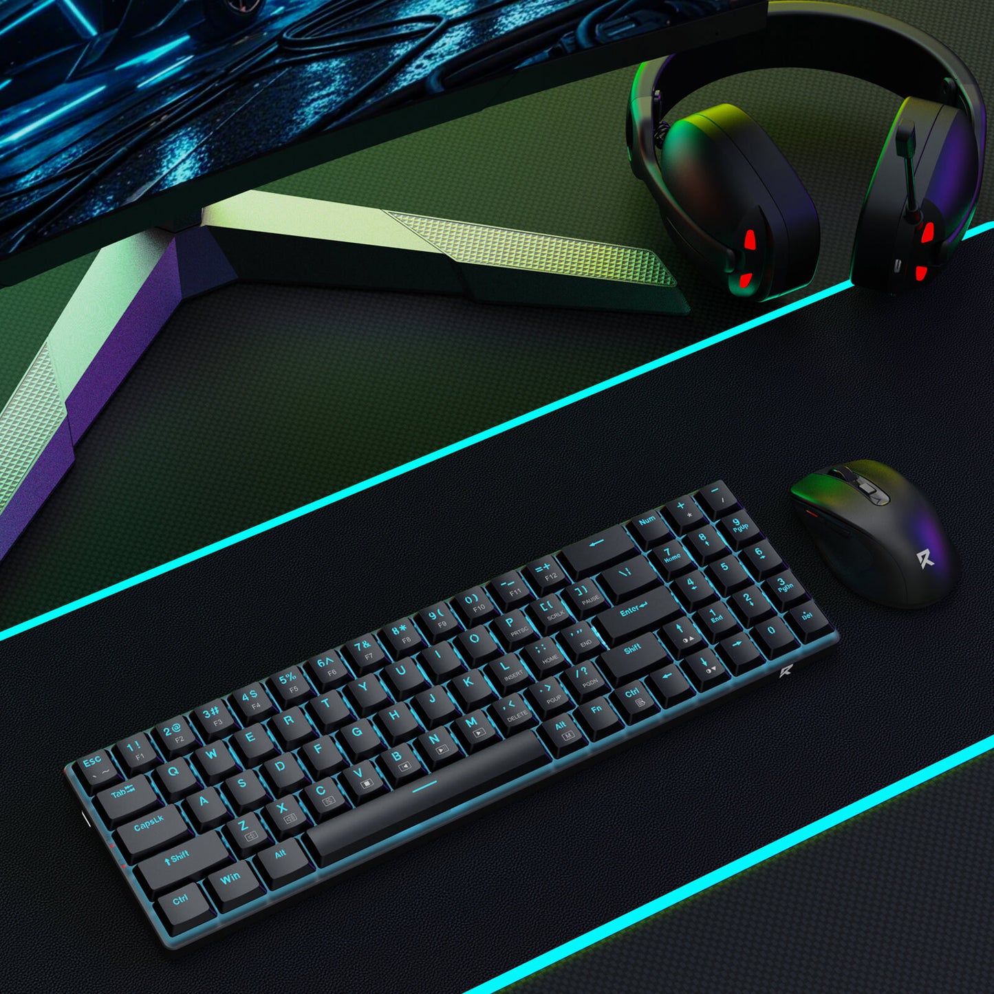The keyboard and mouse are showcased in a complete gaming setup, paired with RGB headphones and a monitor to highlight the immersive gaming atmosphere.