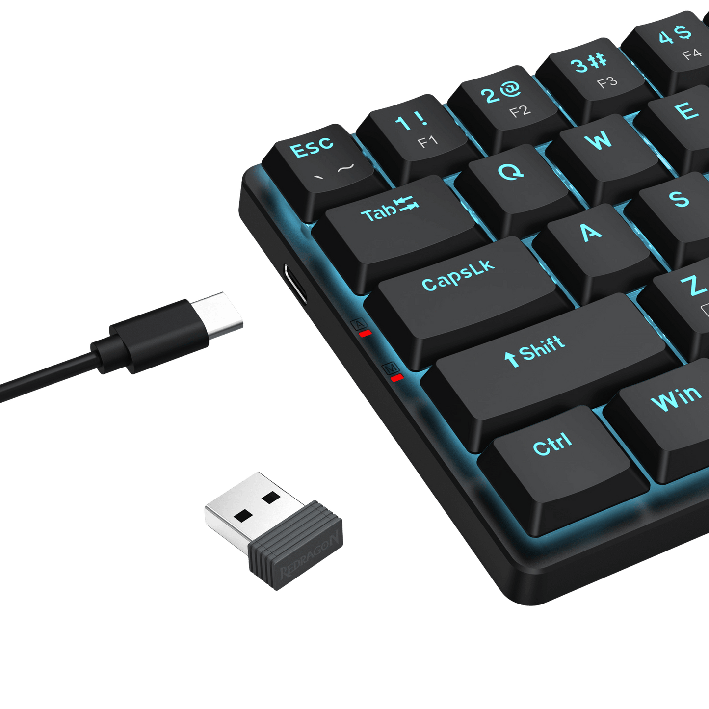 A Redragon wireless mechanical keyboard is shown with its USB-C charging cable and 2.4GHz wireless receiver, featuring blue backlighting.