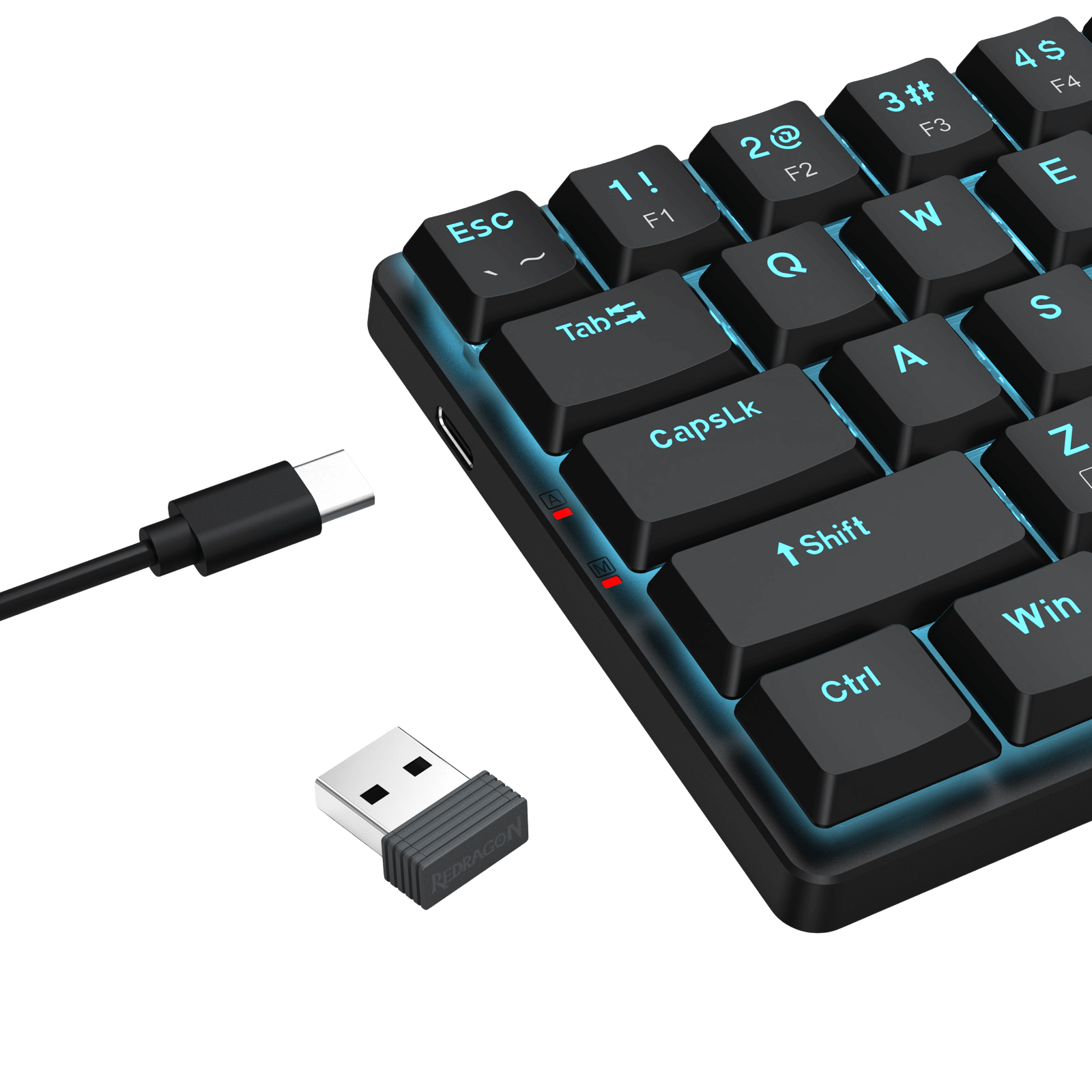A Redragon wireless mechanical keyboard is shown with its USB-C charging cable and 2.4GHz wireless receiver, featuring blue backlighting.
