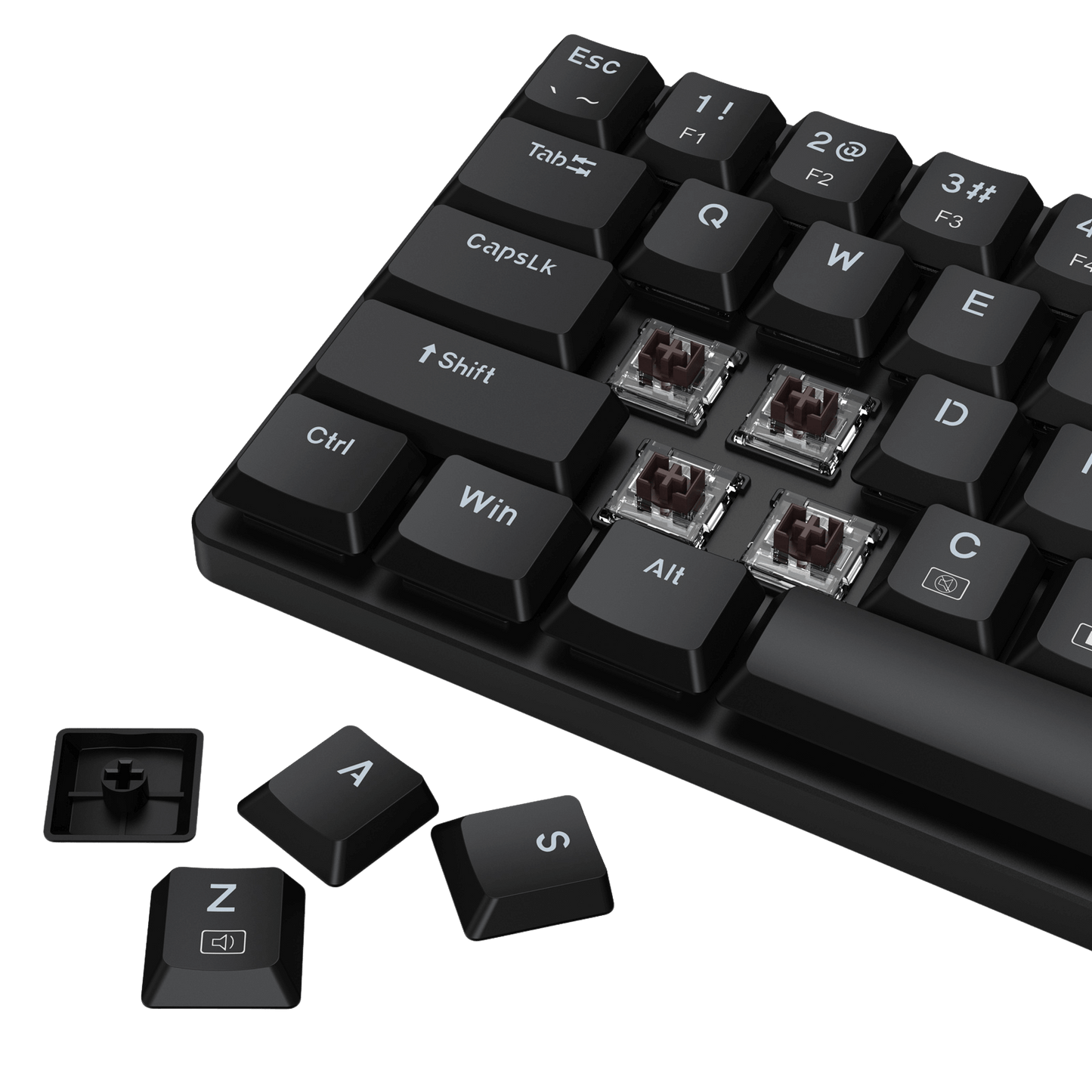 The keyboard’s hot-swappable design is demonstrated, with keycaps removed to expose the mechanical switches, allowing for easy switch replacement.