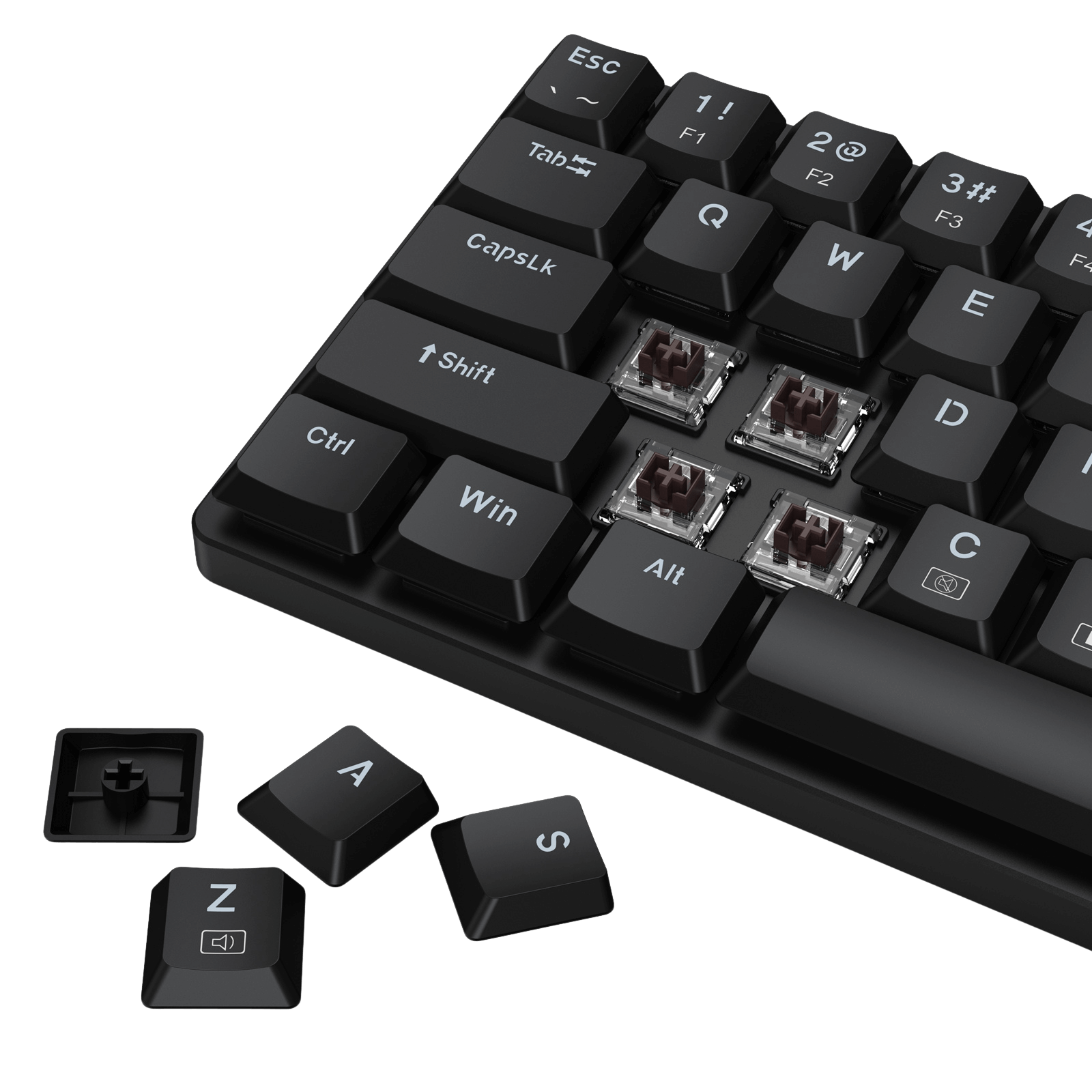 The keyboard’s hot-swappable design is demonstrated, with keycaps removed to expose the mechanical switches, allowing for easy switch replacement.