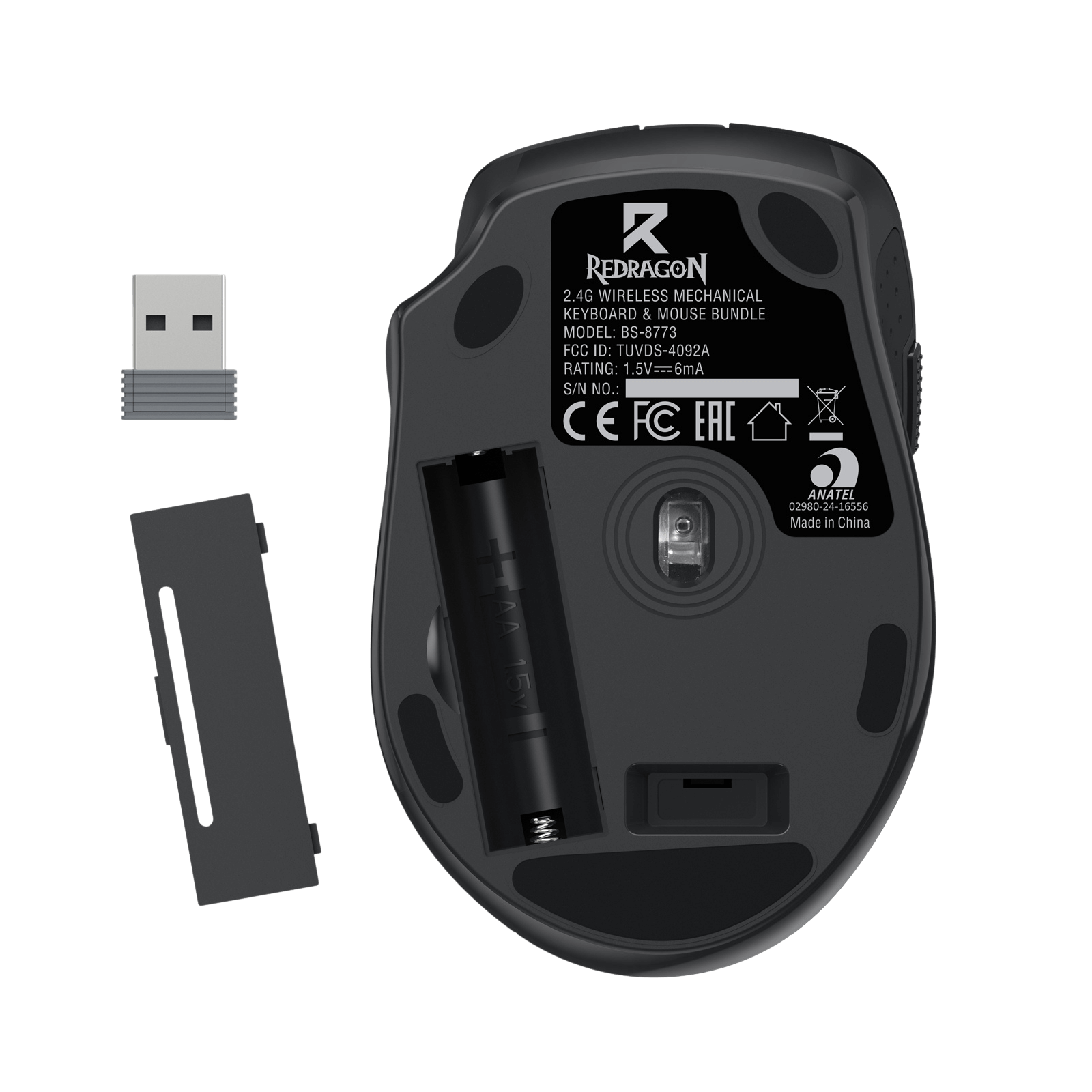 The underside of the Redragon wireless mouse is displayed, showing its battery compartment, 2.4GHz receiver, and model information (BS-8773).