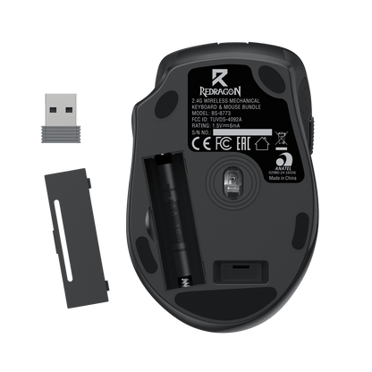 The underside of the Redragon wireless mouse is displayed, showing its battery compartment, 2.4GHz receiver, and model information (BS-8773).