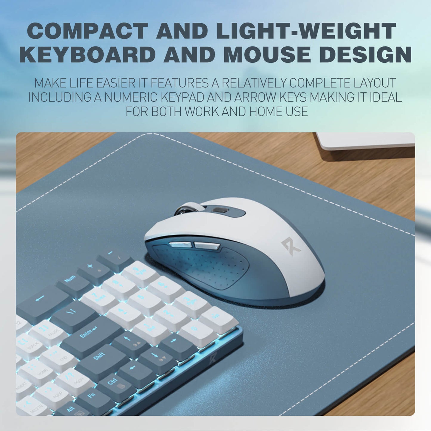 The compact, lightweight design of the combo is highlighted, with a complete layout including a numeric keypad and arrow keys for work and home use.