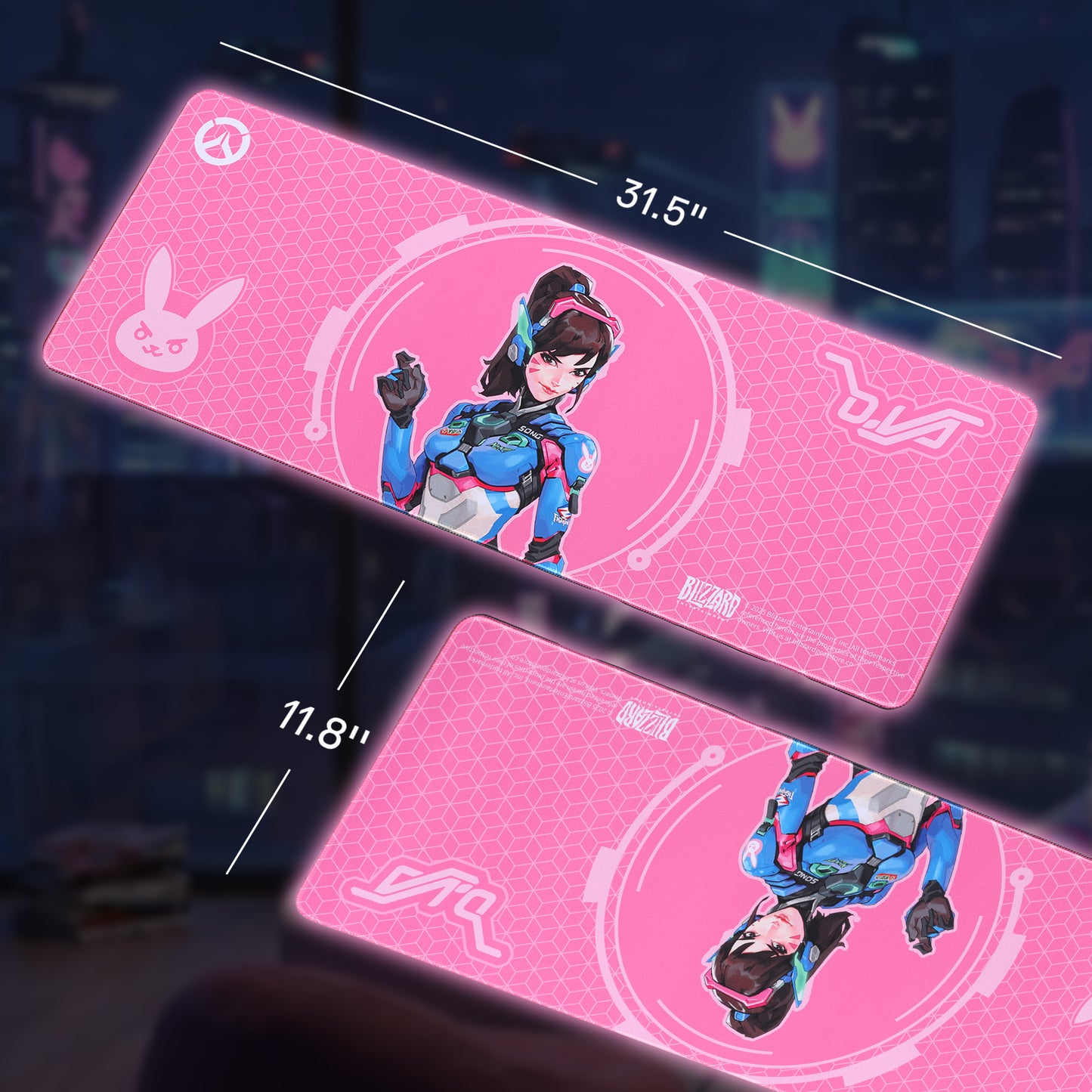 This image displays an Overwatch D.Va-themed pink mouse pad (31.5"×11.8"), featuring D.Va’s illustration, the Overwatch logo, and a bunny icon, set against a city night backdrop.