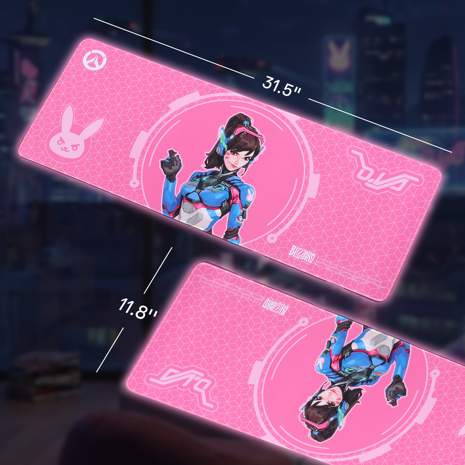 This image displays an Overwatch D.Va-themed pink mouse pad (31.5"×11.8"), featuring D.Va’s illustration, the Overwatch logo, and a bunny icon, set against a city night backdrop.