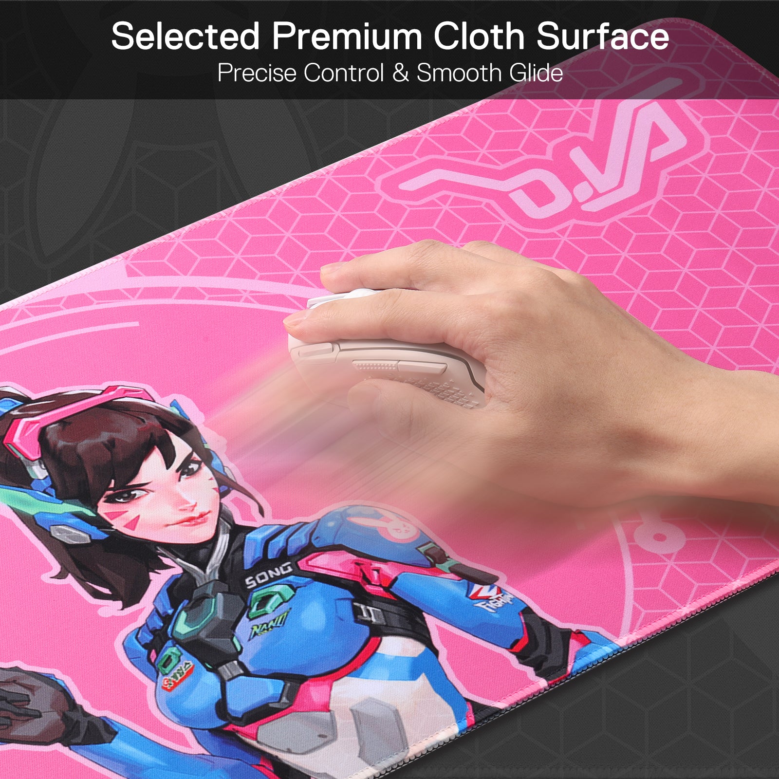 A hand glides a mouse on the D.Va mouse pad, highlighting its "Selected Premium Cloth Surface" that enables precise control and smooth movement.