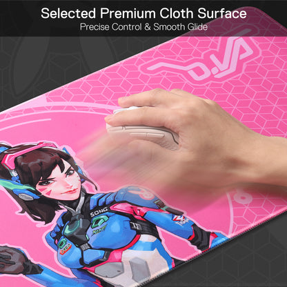 A hand glides a mouse on the D.Va mouse pad, highlighting its "Selected Premium Cloth Surface" that enables precise control and smooth movement.