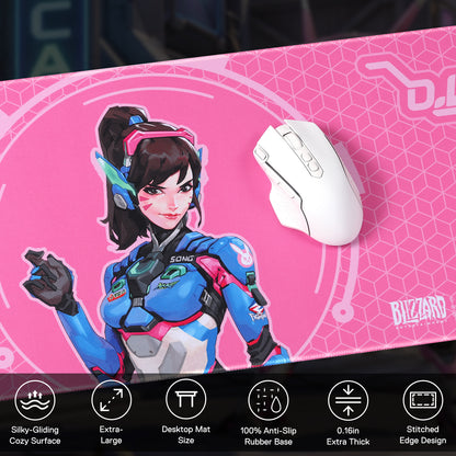 The D.Va mouse pad is shown with a white mouse, accompanied by icons listing its features: silky surface, extra-large size, anti-slip base, 0.16" thickness, and stitched edges.