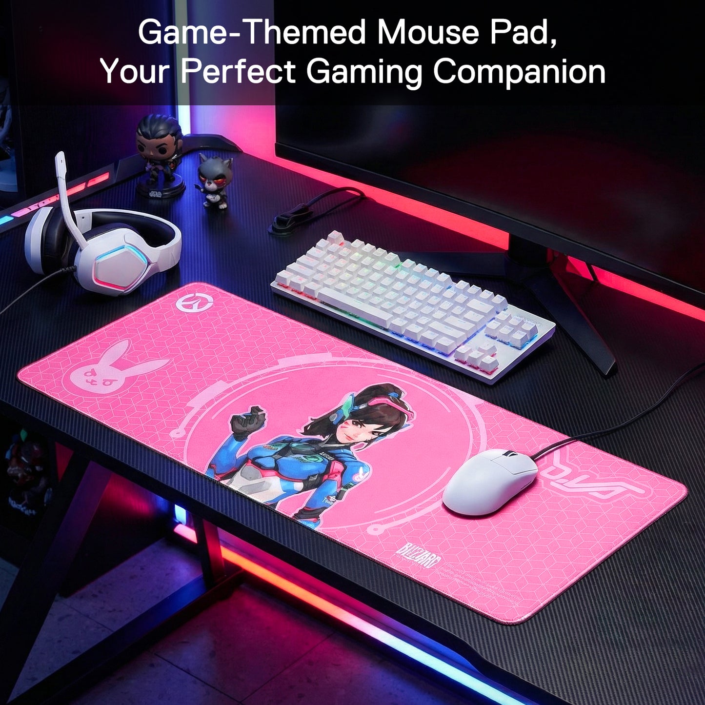 The D.Va mouse pad is integrated into a gaming setup (with a keyboard, mouse, and headset), framed by the text "Game-Themed Mouse Pad, Your Perfect Gaming Companion."