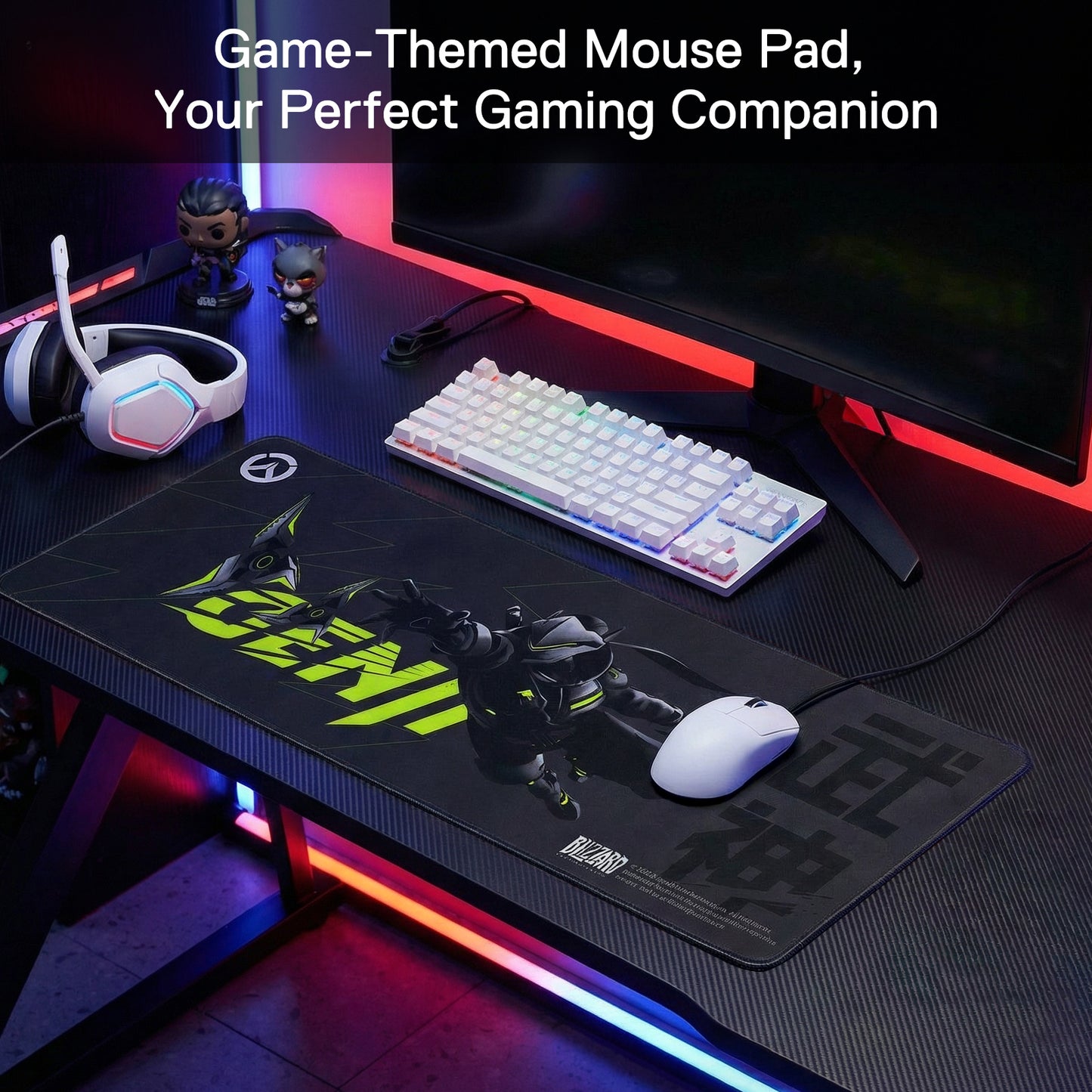The Genji mouse pad is integrated into a gaming setup (keyboard, mouse, headset), framed by the text "Game-Themed Mouse Pad, Your Perfect Gaming Companion."