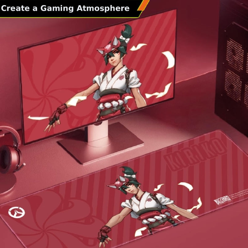 Overwatch Kiriko extended gaming mouse pad desk mat on gaming setup