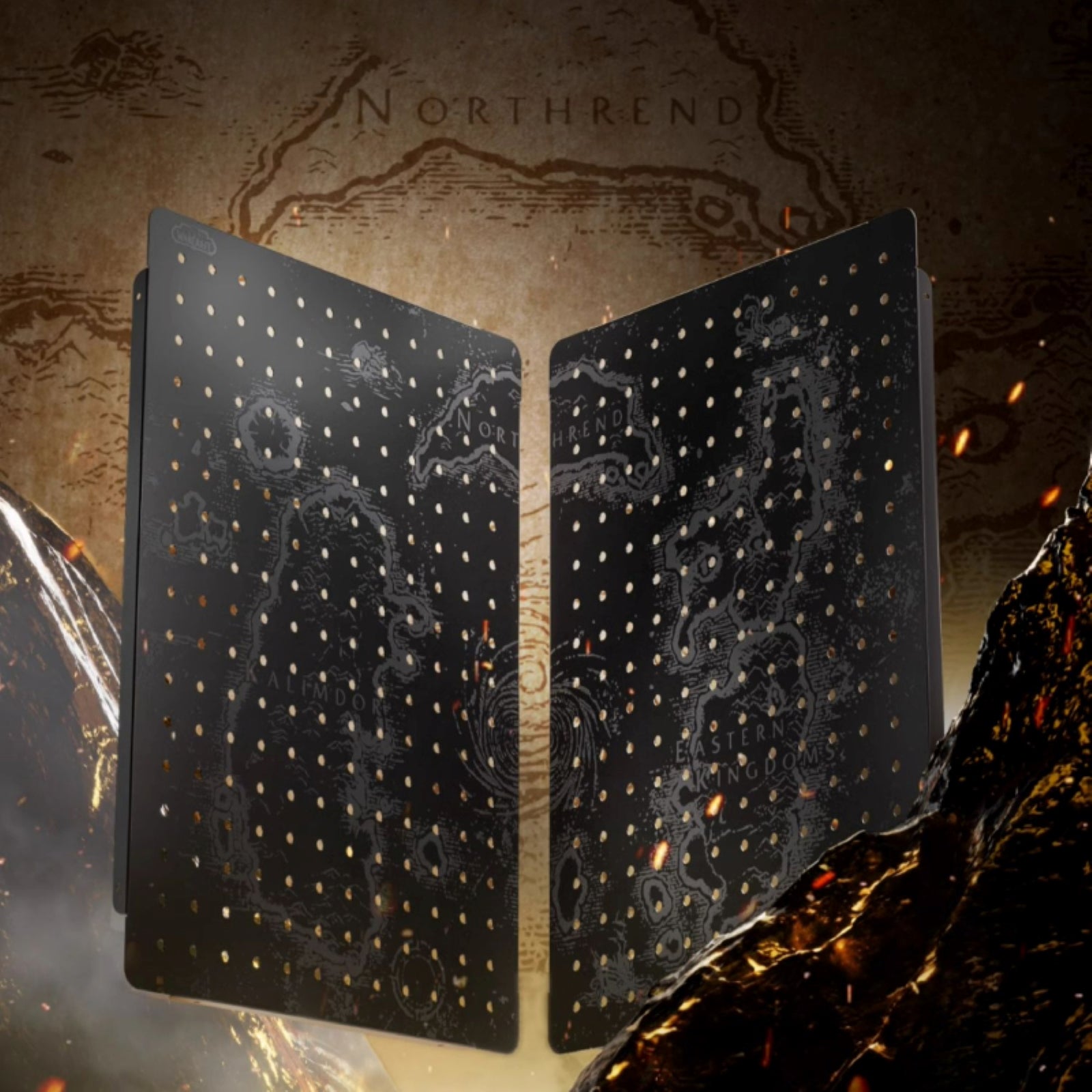 Two Pack World of Warcraft Pegboard, displayed against a dramatic, fiery backdrop inspired by an epic world map atmosphere.