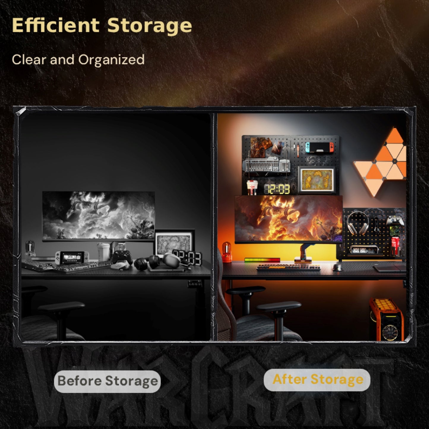 See the WoW-themed pegboard in action: turn a cluttered gaming desk (left) into a neat, organized setup (right)! This pegboard holds gear, decor, and essentials-keeping your space tidy while leaning into epic WoW style.