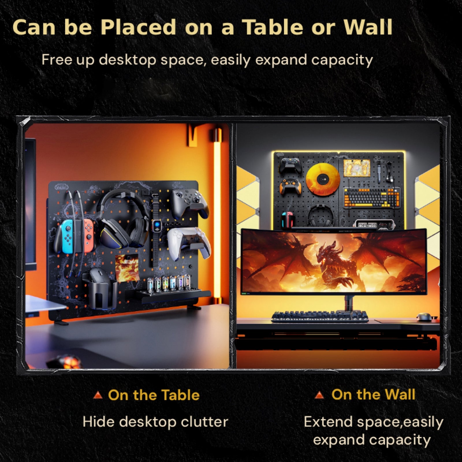 This WoW-themed pegboard works two ways: place it on your desk to clear clutter (left) or mount it on the wall to expand space (right). It holds controllers, headsets, and gear—flexible storage that leans into epic WoW style.