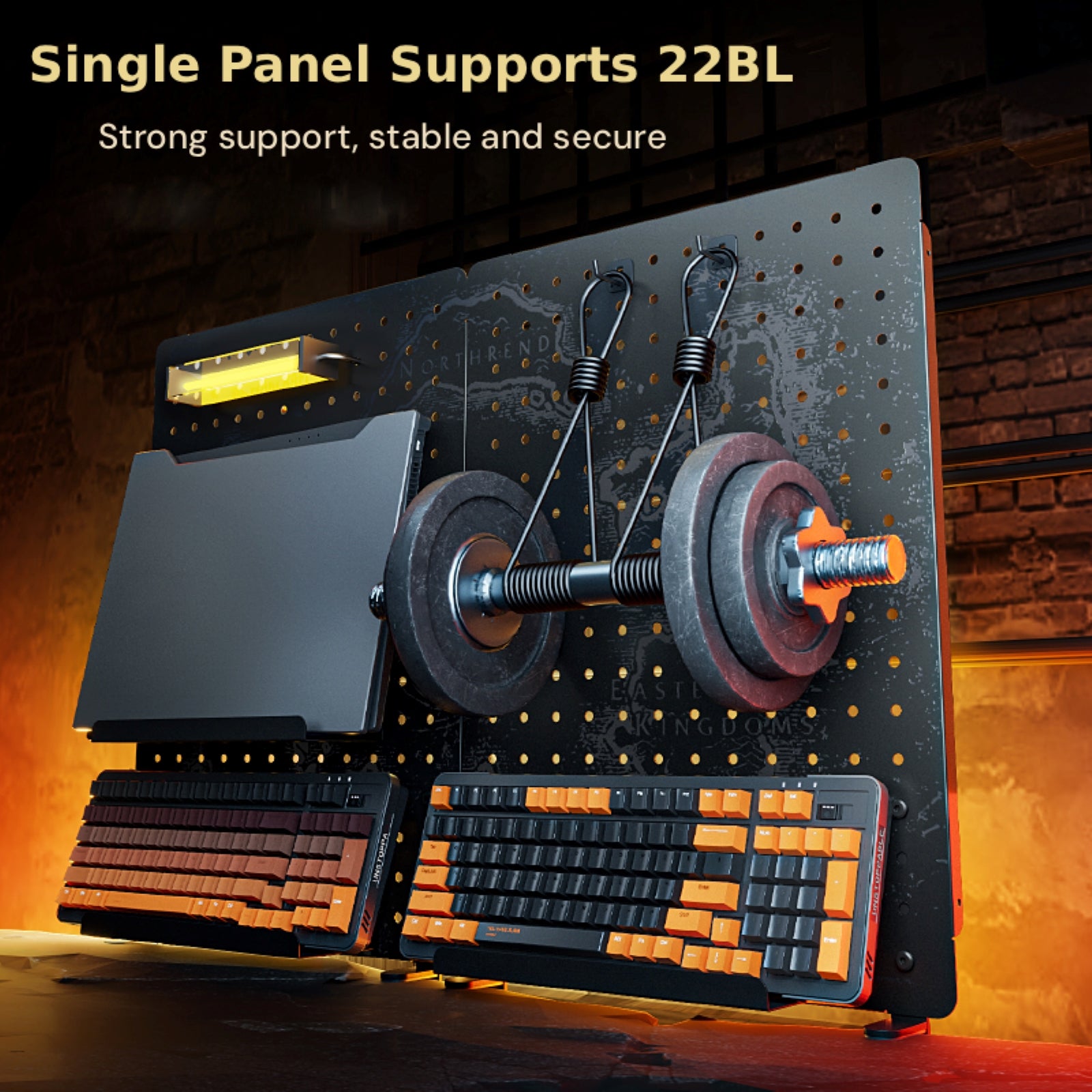 This WoW pegboard means business: a single panel supports 22BL (see the weights + gear it holds!). Sturdy, stable, and styled with epic WoW details-tough storage that keeps your setup secure.