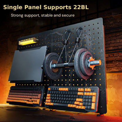 This WoW pegboard means business: a single panel supports 22BL (see the weights + gear it holds!). Sturdy, stable, and styled with epic WoW details-tough storage that keeps your setup secure.