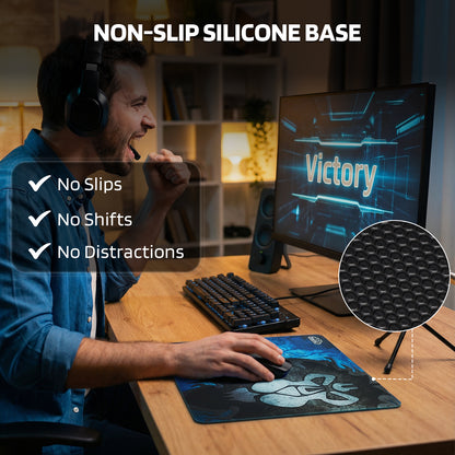 The mouse pad’s "NON-SLIP SILICONE BASE" prevents slips/shifts, shown with a gamer using the pad during a "Victory" moment.