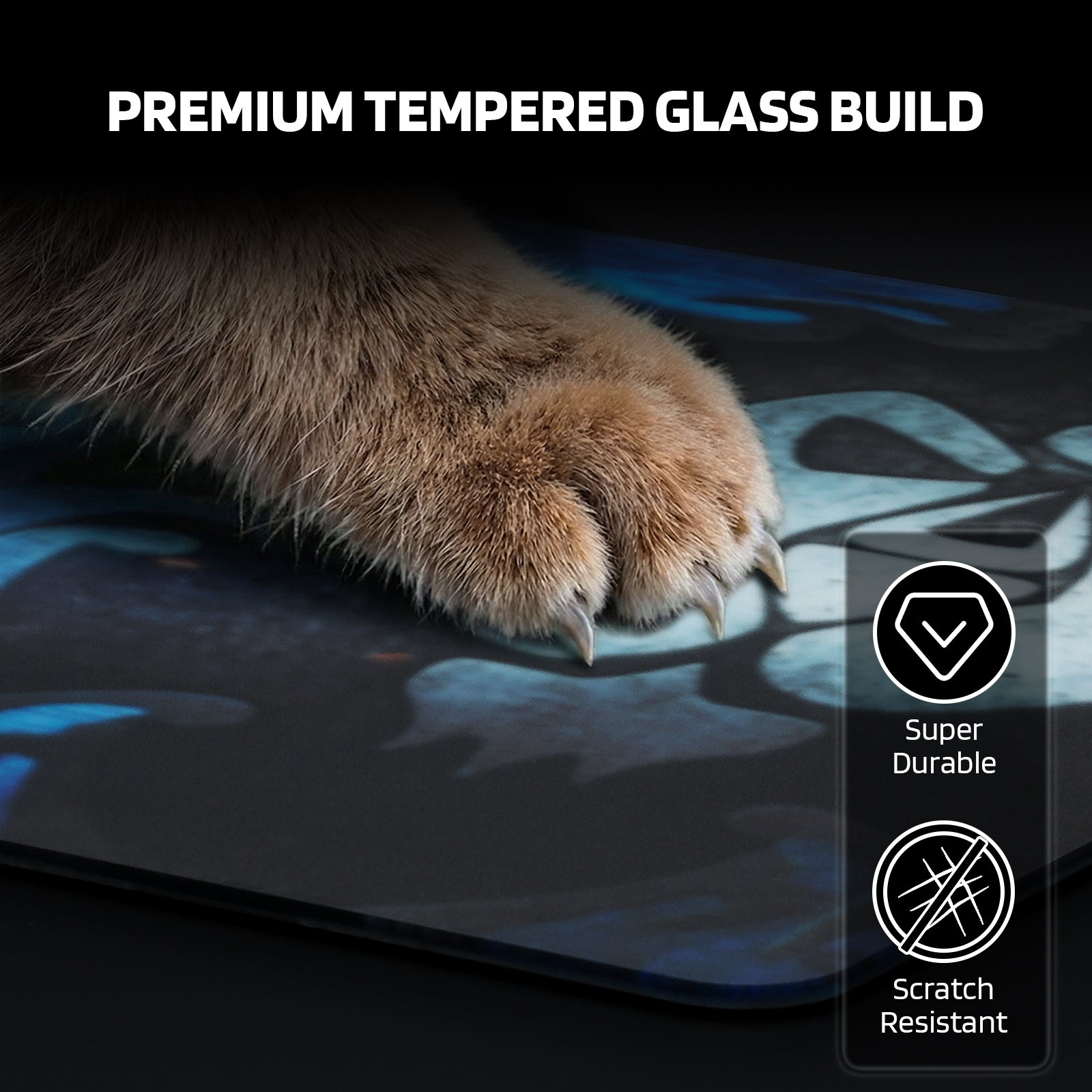 The mouse pad’s "PREMIUM TEMPERED GLASS BUILD" is highlighted: it’s super durable and scratch-resistant, even against a cat’s claws.
