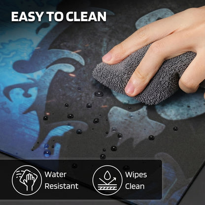The pad is "EASY TO CLEAN" (water-resistant, wipeable), demonstrated by a hand cleaning water droplets off its surface.