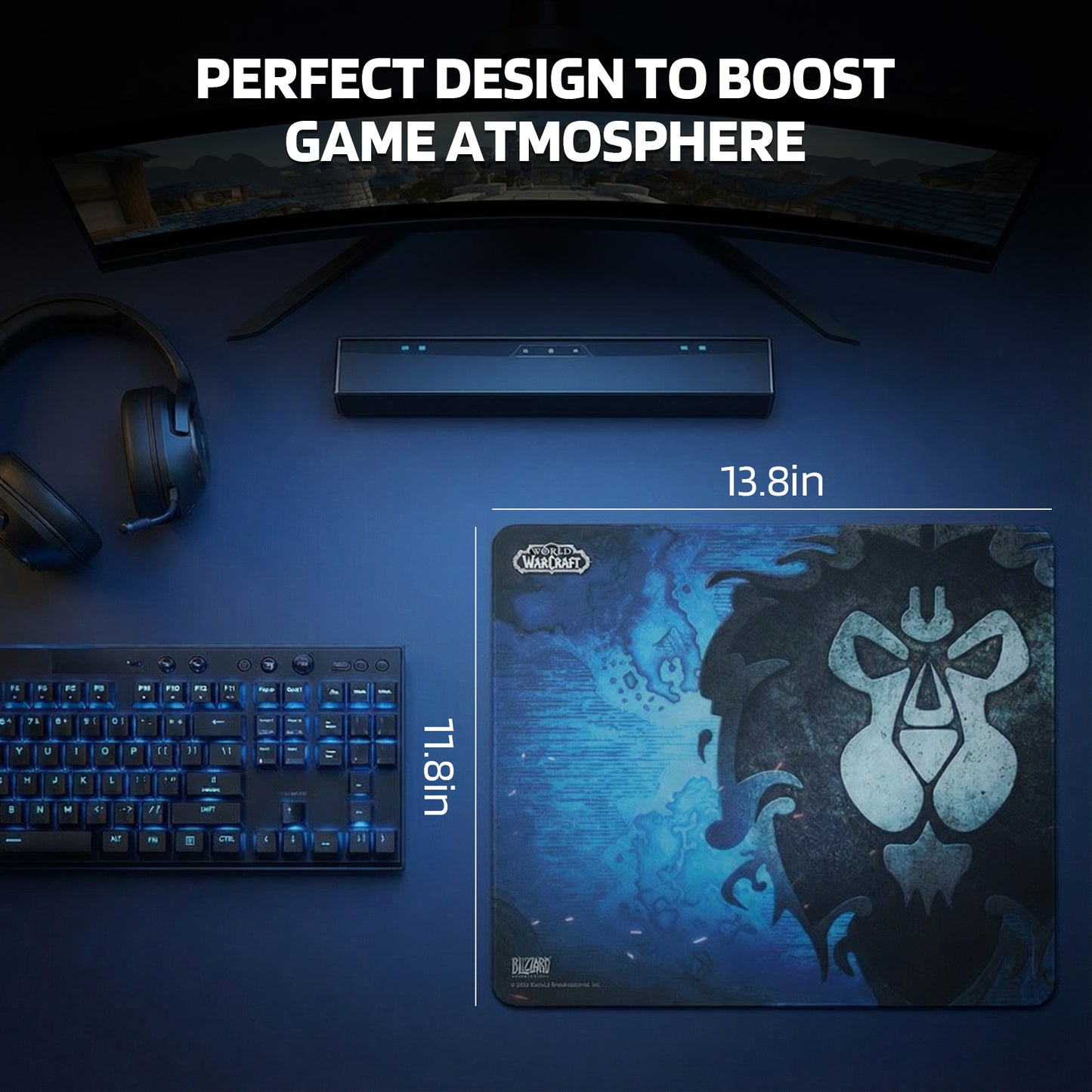 The Alliance mouse pad (13.8"×11.8") is presented as a "PERFECT DESIGN TO BOOST GAME ATMOSPHERE," placed in a gaming desk setup.