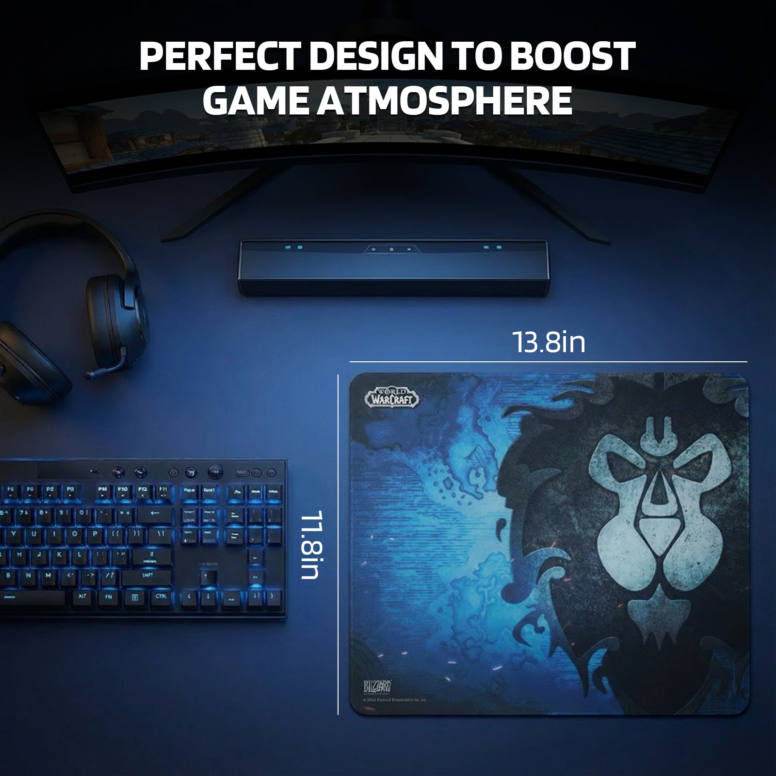The Alliance mouse pad (13.8"×11.8") is presented as a "PERFECT DESIGN TO BOOST GAME ATMOSPHERE," placed in a gaming desk setup.