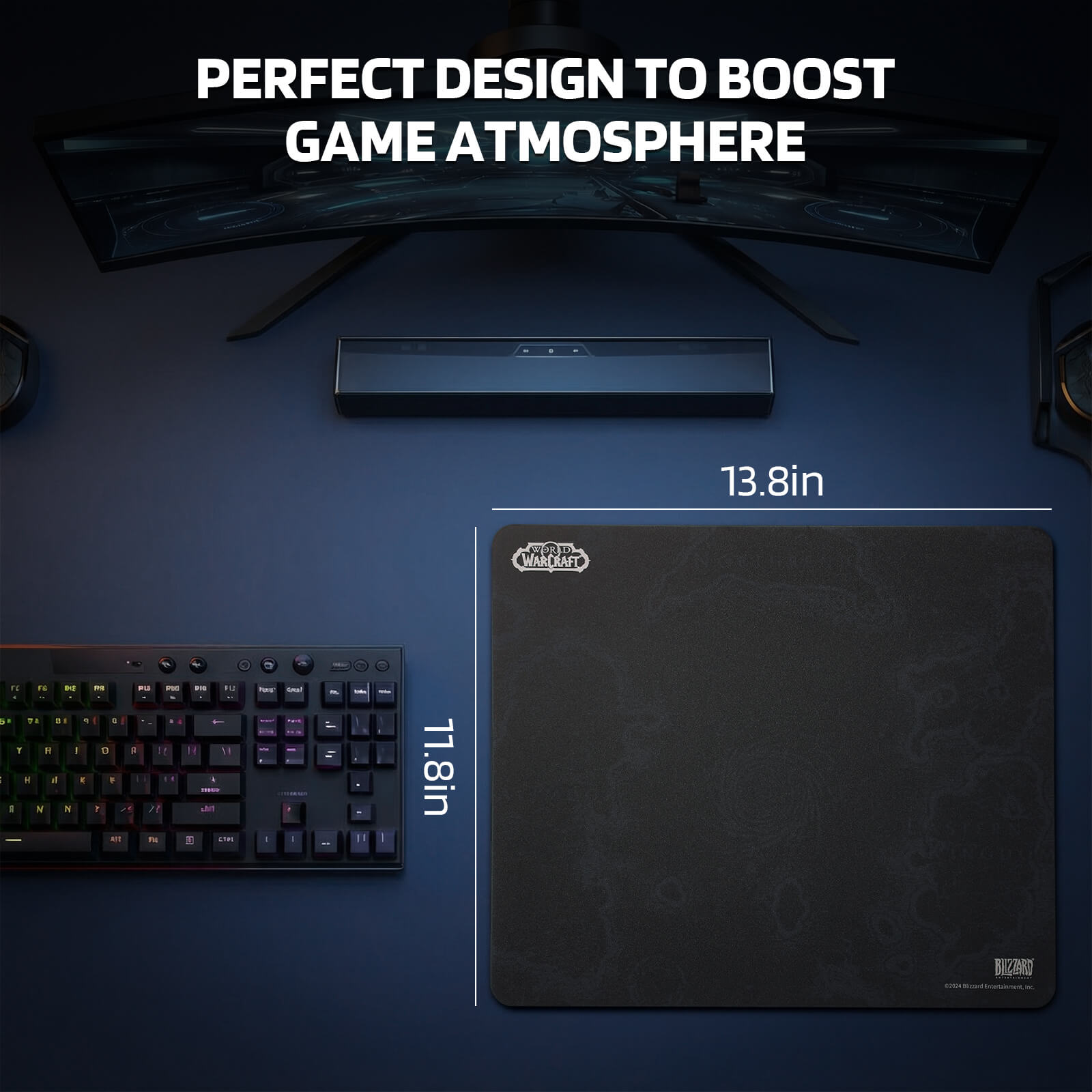 A 13.8x11.8 inch gaming mouse pad with a World of Warcraft-themed design is displayed alongside an RGB keyboard and curved monitor, labeled 'PERFECT DESIGN TO BOOST GAME ATMOSPHERE'.