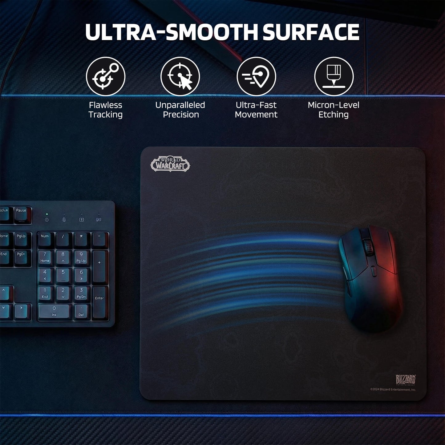 A mouse glides over the 'ULTRA-SMOOTH SURFACE' of the mouse pad, with icons for 'Flawless Tracking', 'Unparalleled Precision', 'Ultra-Fast Movement', and 'Micron-Level Etching'.