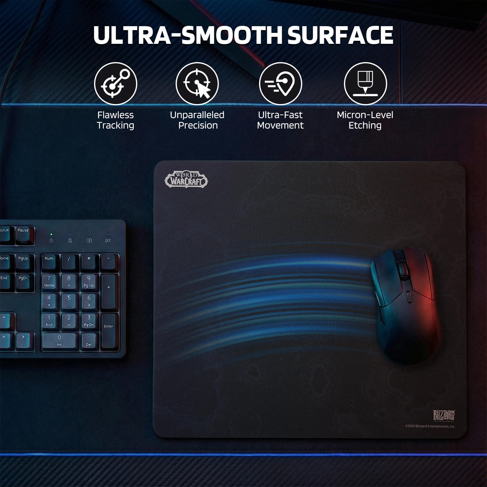 A mouse glides over the 'ULTRA-SMOOTH SURFACE' of the mouse pad, with icons for 'Flawless Tracking', 'Unparalleled Precision', 'Ultra-Fast Movement', and 'Micron-Level Etching'.