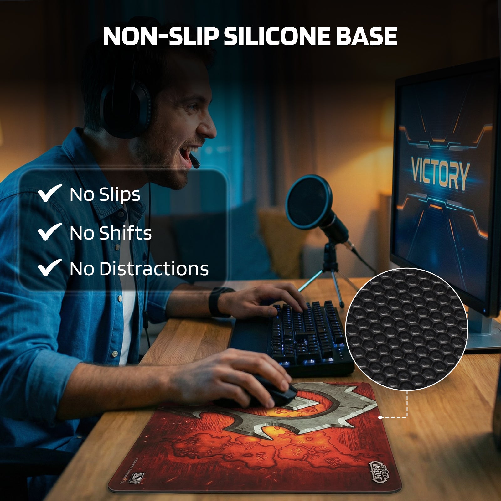 The mouse pad’s "NON-SLIP SILICONE BASE" is highlighted (preventing slips/shifts), paired with a gamer using the pad in a setup.