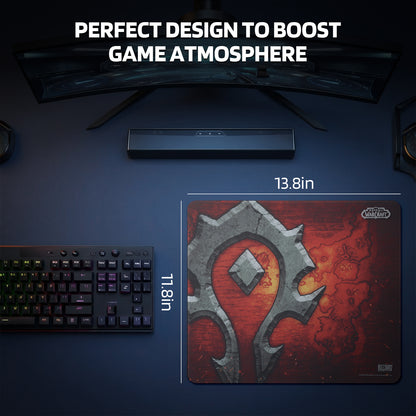The Horde mouse pad (13.8"×11.8") is presented as a "PERFECT DESIGN TO BOOST GAME ATMOSPHERE," placed in a gaming desk setup.