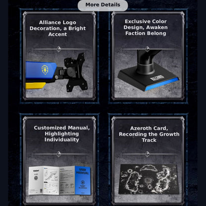 This WoW Alliance monitor stand shines with themed details: it features the Alliance logo, exclusive faction colors, a customized manual, and an Azeroth map card-blending functional monitor support with immersive WoW flair for fans.