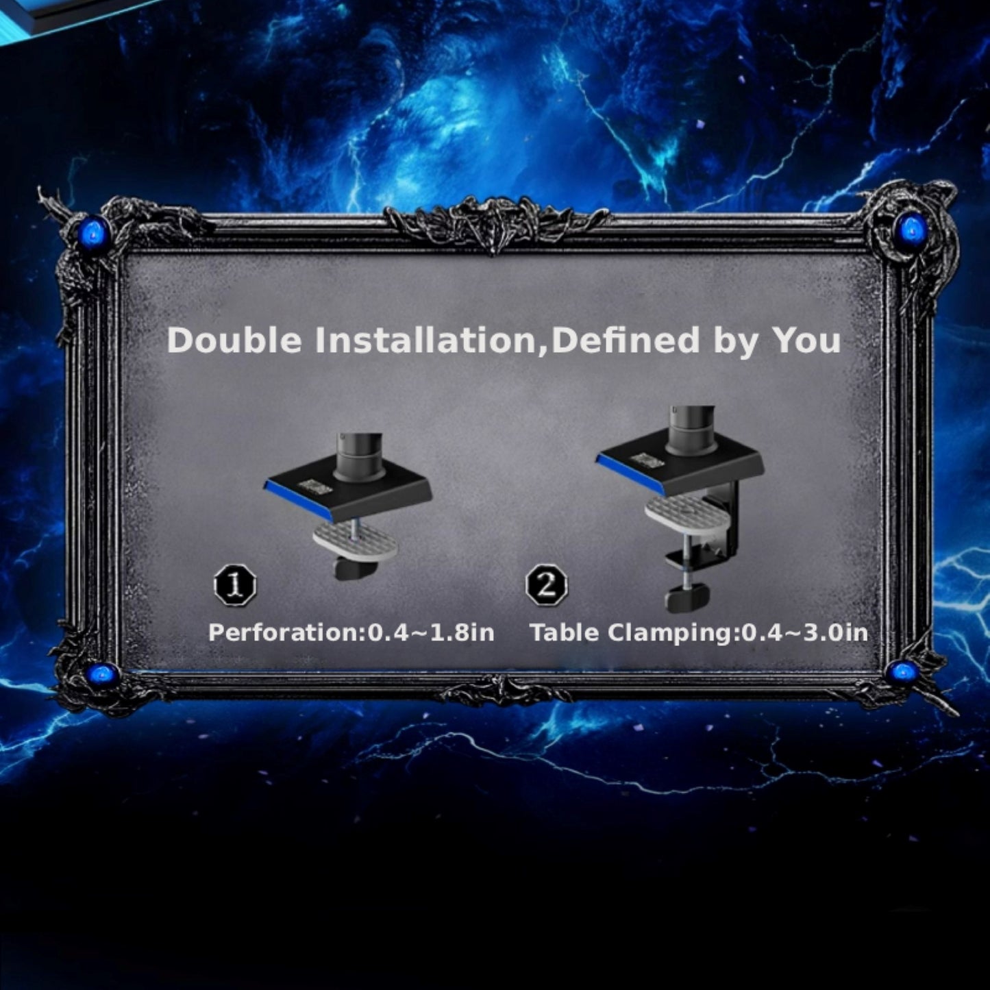 This WoW-themed monitor stand offers double installation options: choose perforation (0.4–1.8in) or table clamping (0.4–3.0in) to fit your desk. Styled with iconic WoW framing, it lets you customize setup for your gaming space.