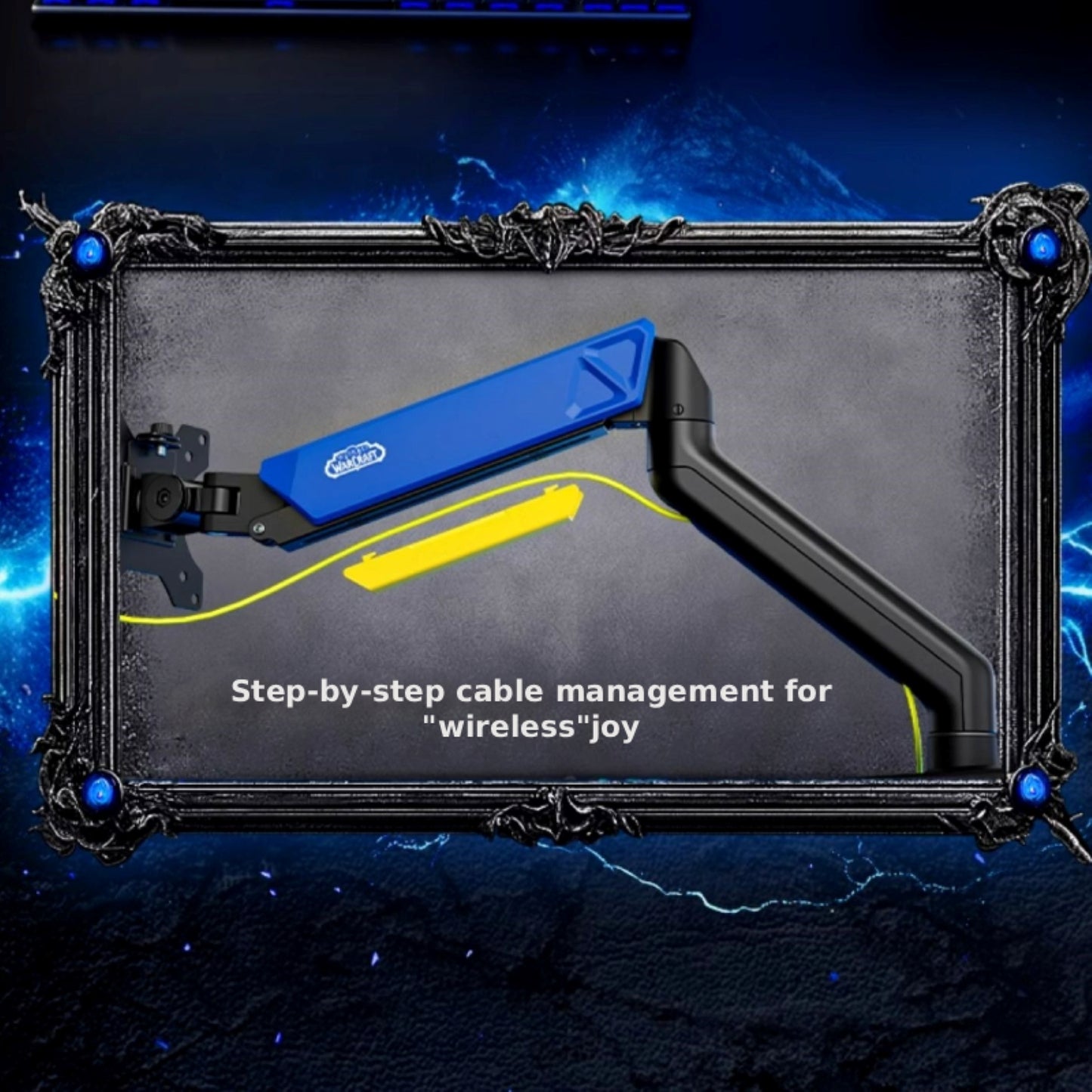 This WoW Alliance monitor stand features built-in cable management: its step-by-step routing (shown here) hides wires for a "wireless" clean look. Wrapped in Alliance blue styling, it keeps your gaming setup tidy while matching the theme.