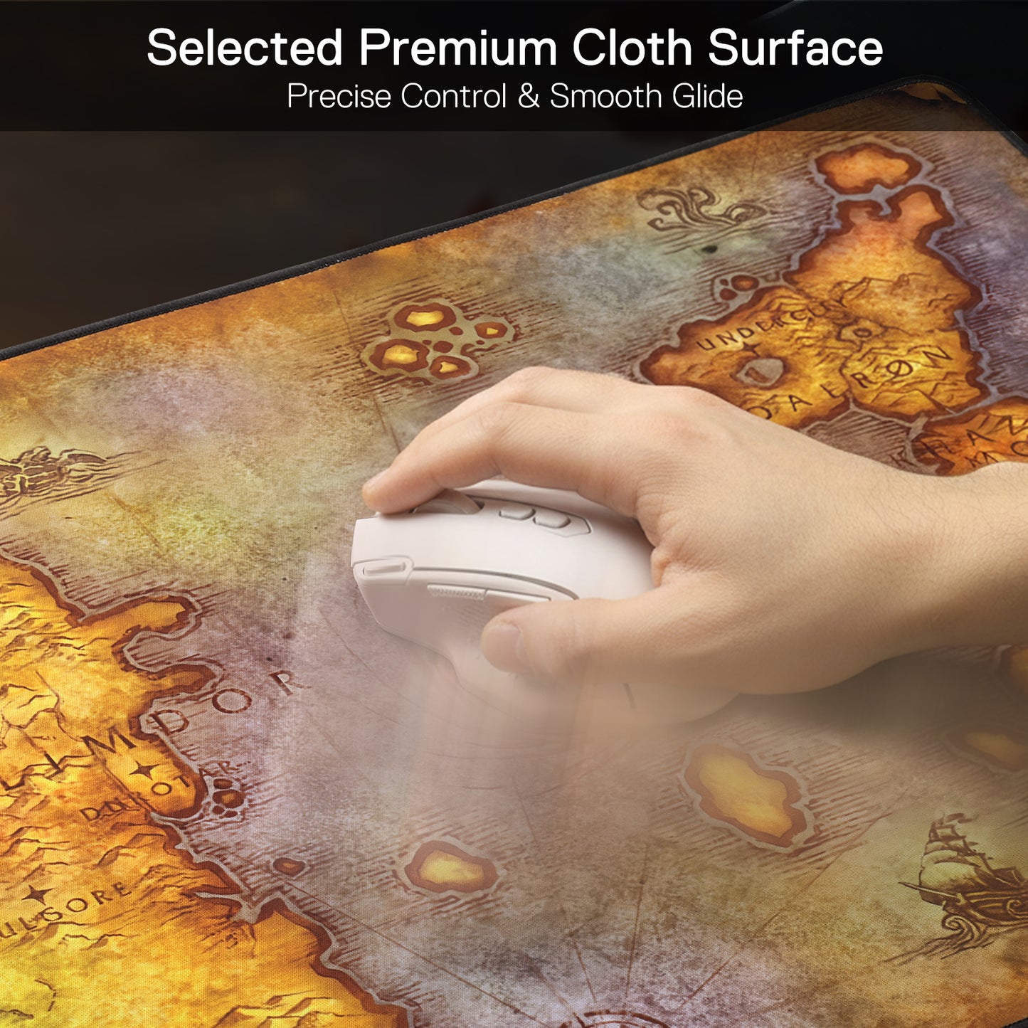 A hand glides a white mouse on the WoW map mouse pad, highlighting its "Selected Premium Cloth Surface" for precise control and smooth movement.