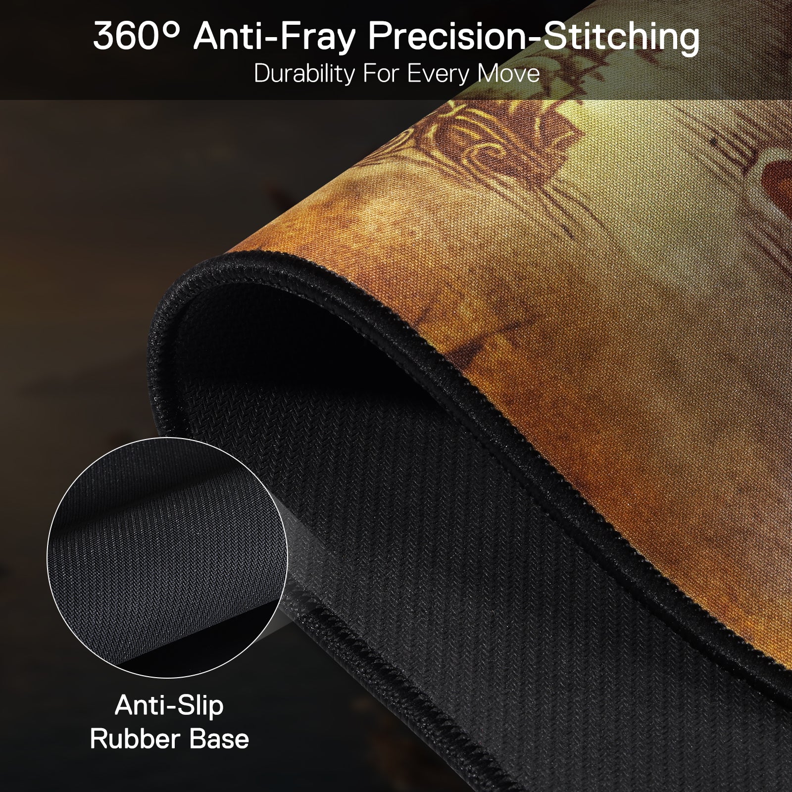 A close-up of the mouse pad’s edge shows 360° anti-fray stitching and an anti-slip rubber base, emphasizing durability and stability.