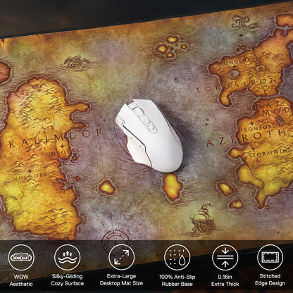 A white mouse rests on the WoW map mouse pad, with icons listing features: WoW aesthetic, silky surface, extra-large size, anti-slip base, 0.16" thickness, and stitched edges.