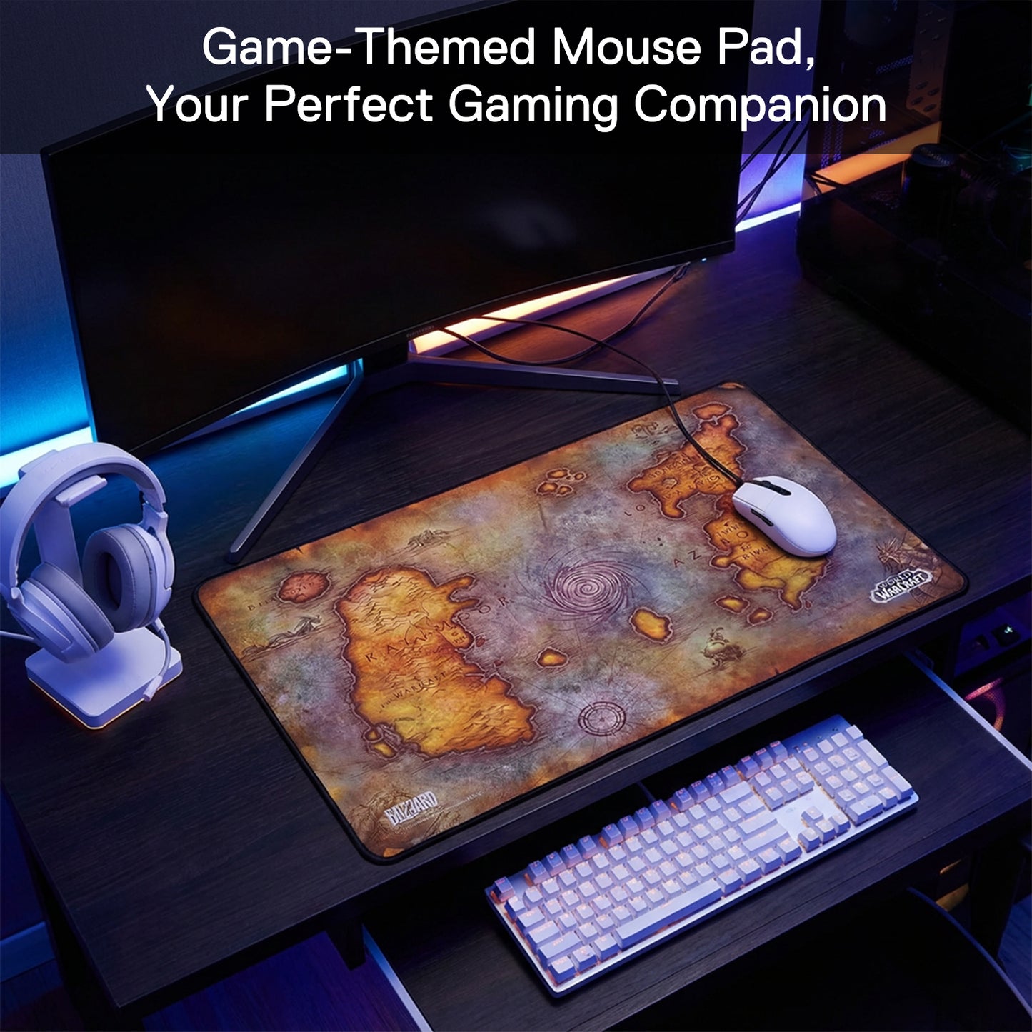 The WoW mouse pad is integrated into a gaming setup (keyboard, mouse, headset), framed by the text "Game-Themed Mouse Pad, Your Perfect Gaming Companion."