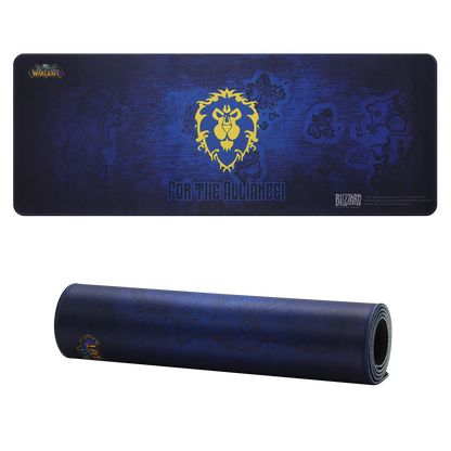 Blue mouse pad with gold logo and text 'For the Alliance' | show