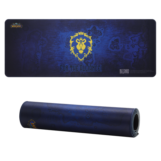 Blue mouse pad with gold logo and text 'For the Alliance' | show