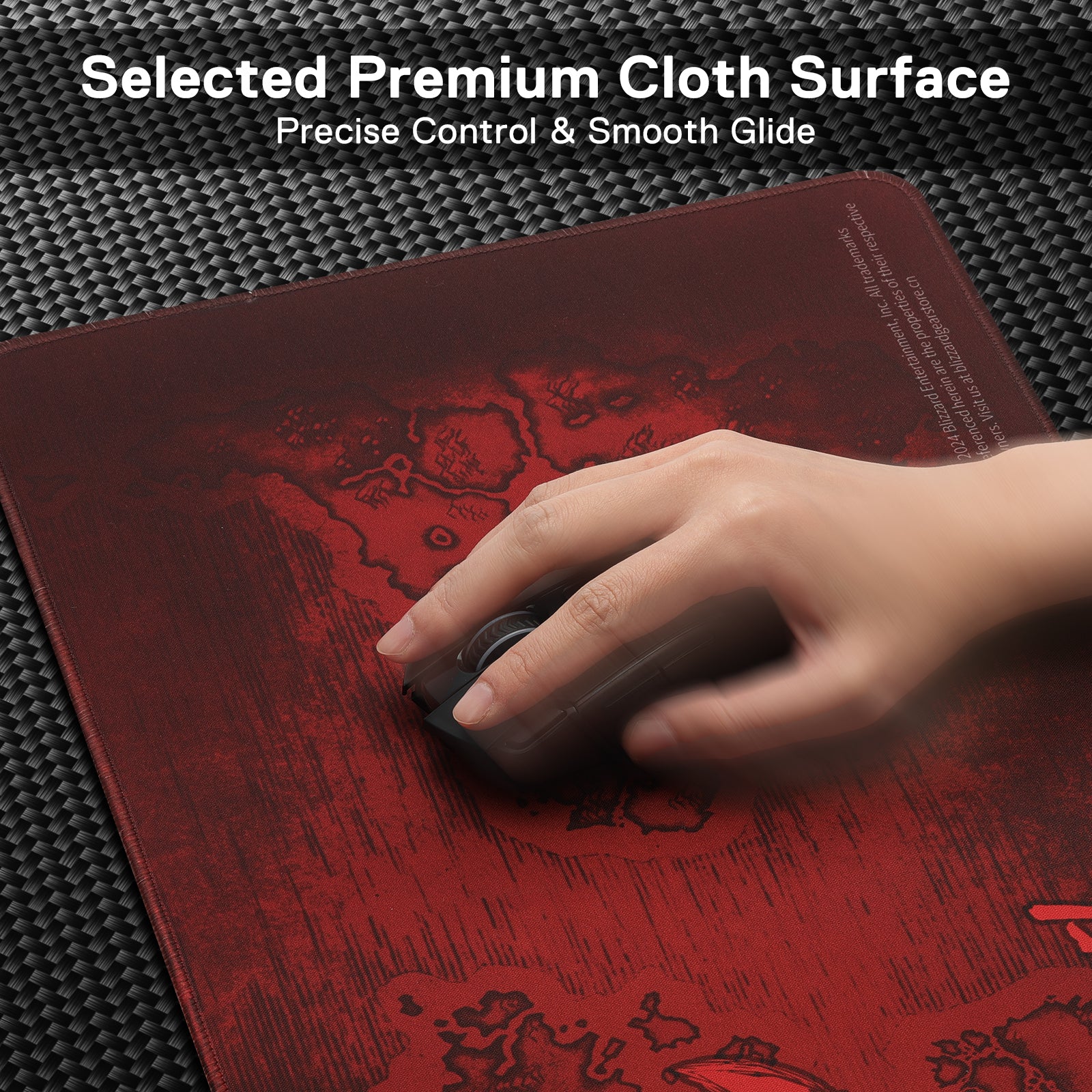 A hand glides a mouse on a red-themed mouse pad, highlighting its "Selected Premium Cloth Surface" that enables precise control and smooth movement.