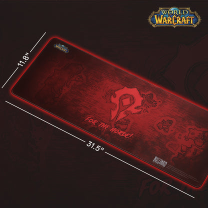 A World of Warcraft Horde-themed mouse pad (31.5"×11.8") displays the Horde emblem, "For the Horde!" slogan, and WoW/Blizzard logos, with a glowing red border.
