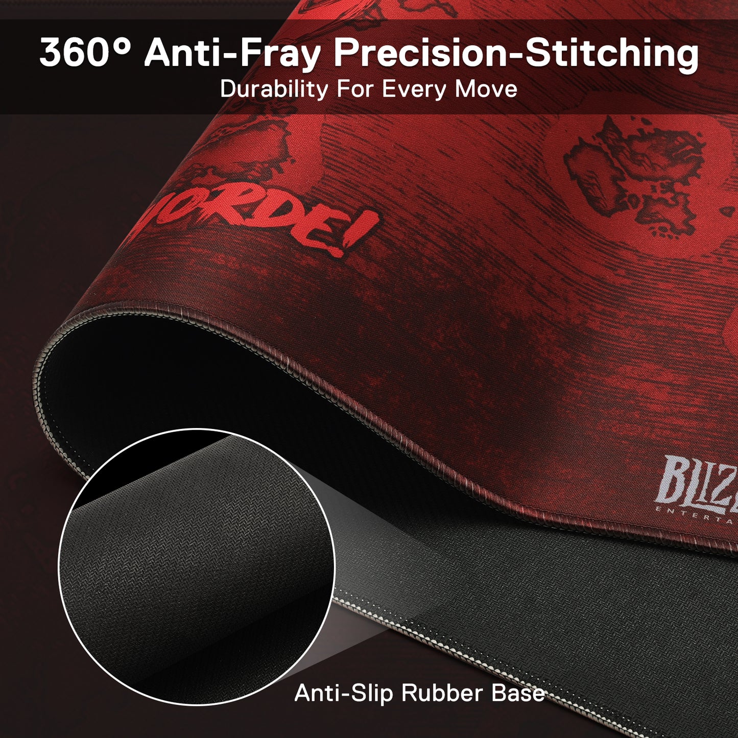 A close-up of the mouse pad’s edge shows 360° anti-fray stitching and an anti-slip rubber base, emphasizing durability and stability during use.