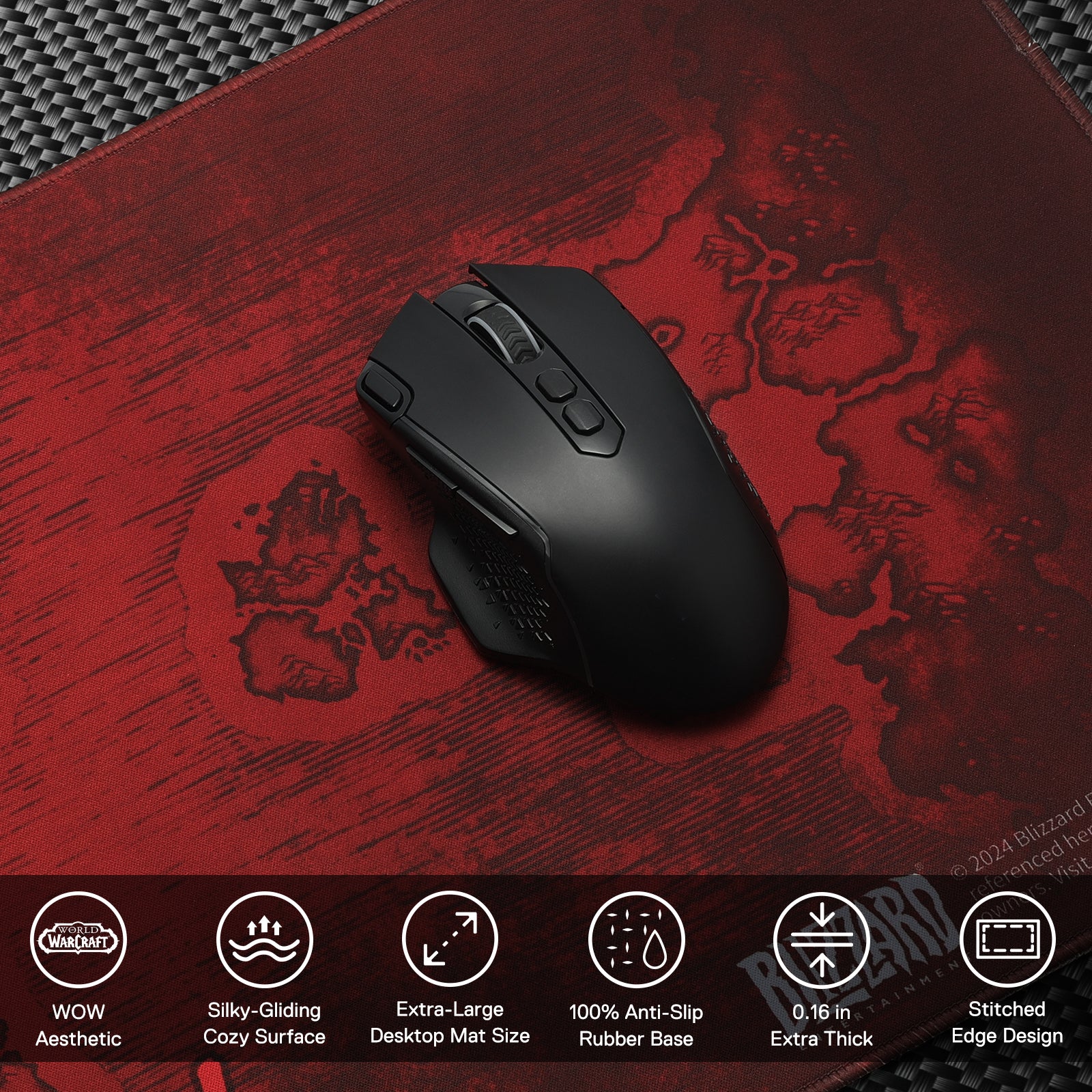 A black gaming mouse rests on the Horde-themed mouse pad, with icons listing features: WoW aesthetic, silky surface, extra-large size, anti-slip base, 0.16" thickness, and stitched edges.