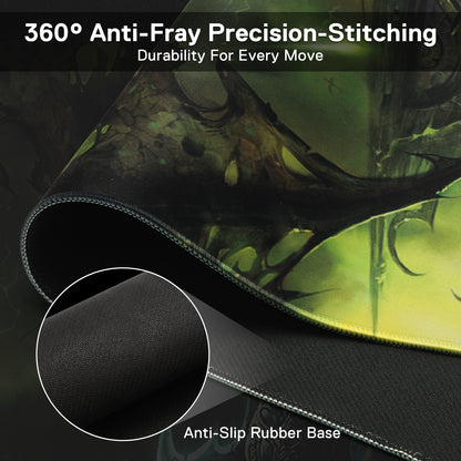 A close-up of the mouse pad’s edge displays 360° anti-fray stitching and an anti-slip rubber base, emphasizing durability and stability.
