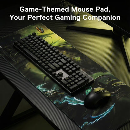 The WoW mouse pad is integrated into a gaming setup (keyboard, mouse), framed by the text "Game-Themed Mouse Pad, Your Perfect Gaming Companion."