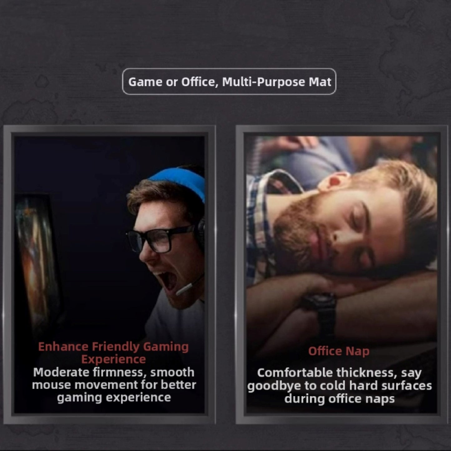 Two scenarios showing a multi-purpose mat used for gaming and office naps.