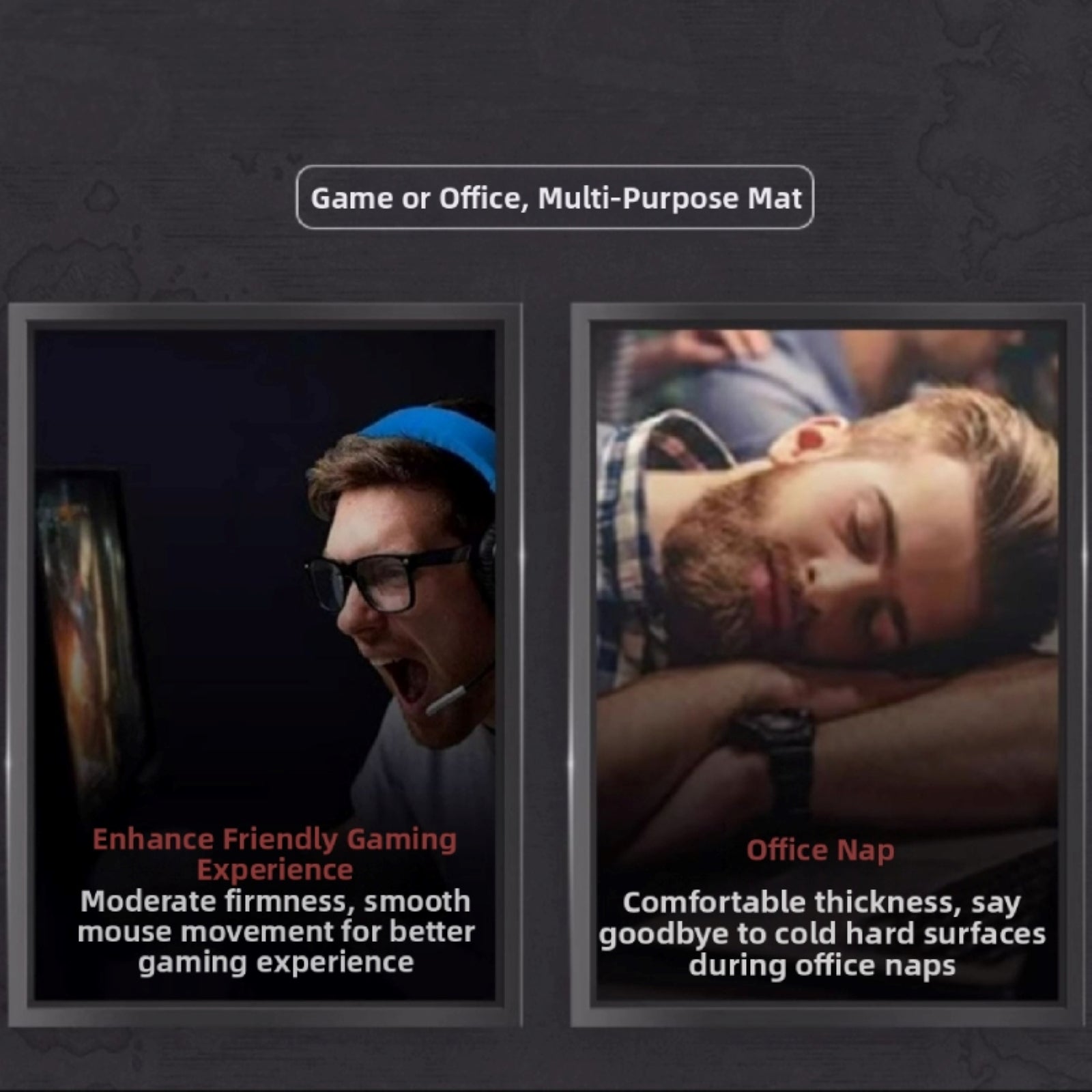 Two scenarios showing a multi-purpose mat used for gaming and office naps.